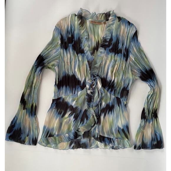 Y2k Coquette LARGE Sheer Ruffle Blouse Blue Long Sleeve Tie Front Crepe Fairy - Picture 7 of 8